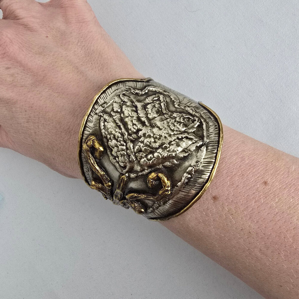 Artisan Style Statement Cuff Bracelet Mixed Metal Floral Textured Wide Boho